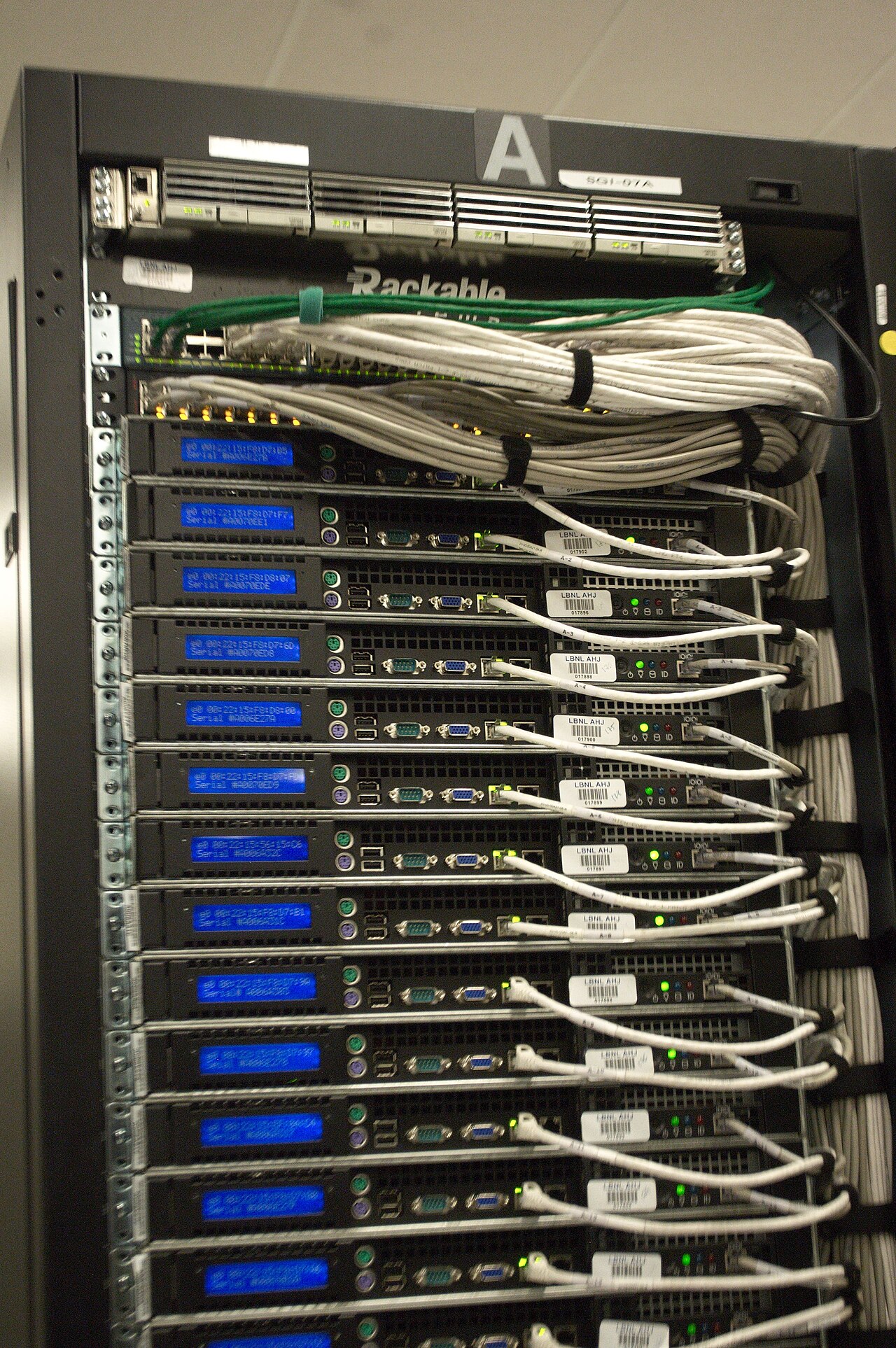 Rack of servers with neatly bundled network cables